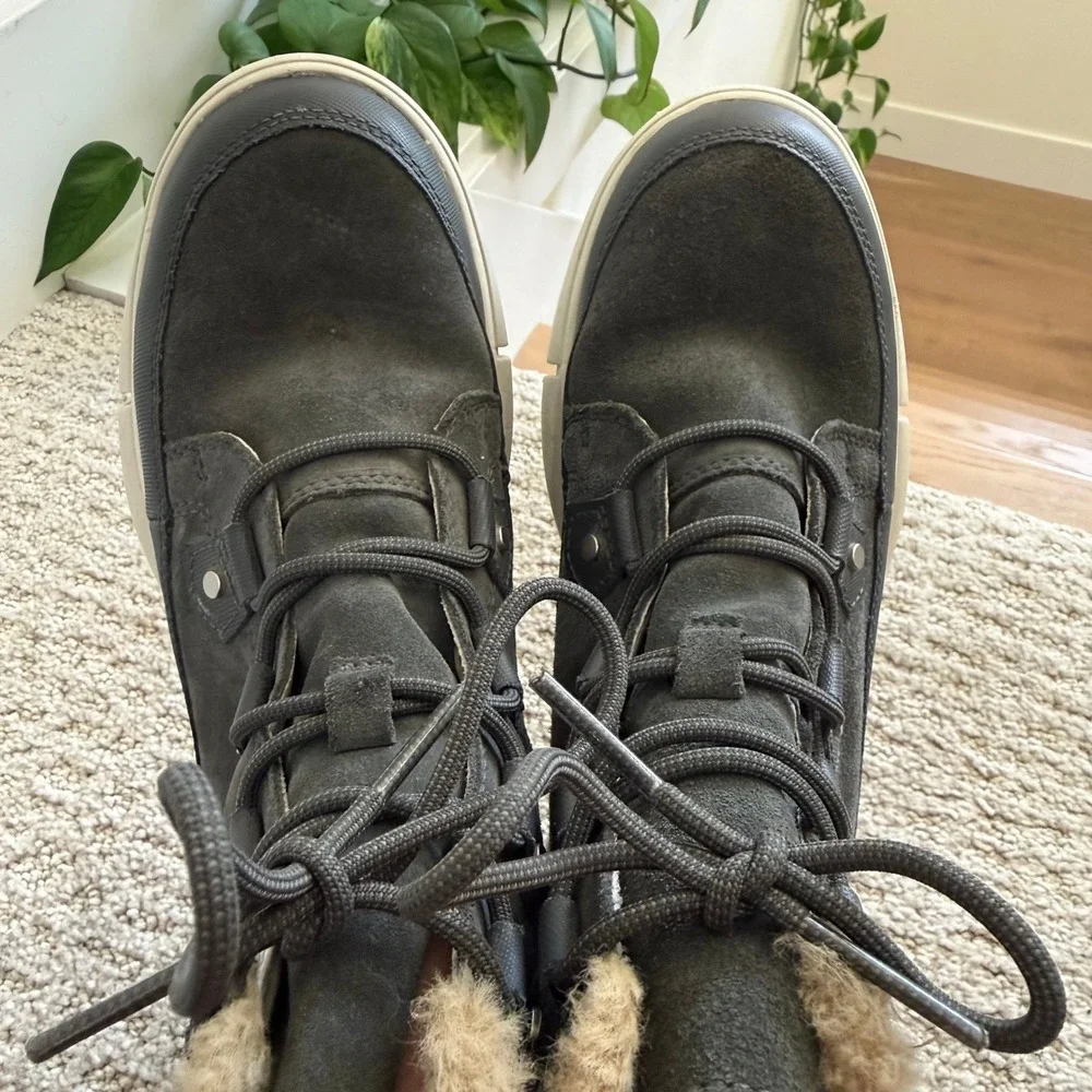 Sorel EXPLORER II JOAN WATERPROOF BOOTS Faux Fur WOMEN 10 GRILL FAWN LEATHER‎